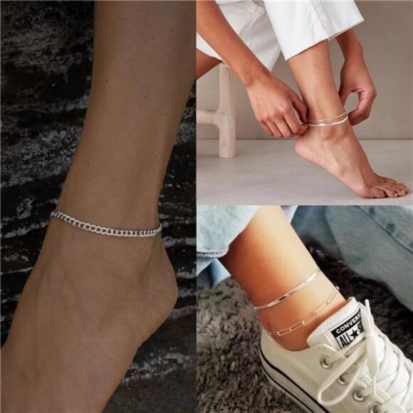 14K Gold/Sterling Silver Plated Anklet Bracelets for Women Waterproof Plus Size - Picture 3 of 7